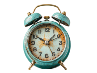 Vintage teal alarm clock with a rustic weathered texture symbolizing the passage of time, isolated on a white background.