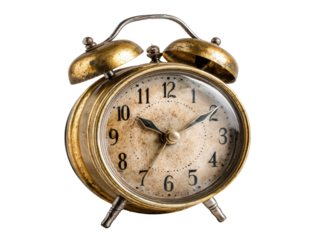 Vintage twin-bell alarm clock with a tarnished brass frame and aged speckled face.
