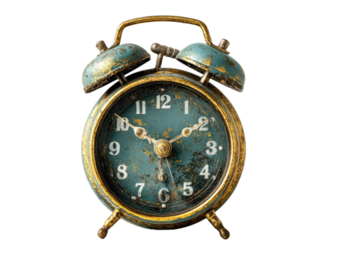 A rustic vintage twin-bell alarm clock with a distressed teal and gold patina finish.