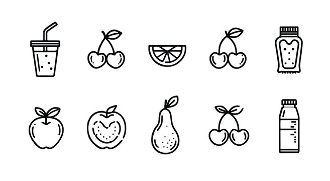 Line art illustration of assorted fruits and juice bottles perfect for a healthy lifestyle design element suitable for menus packaging and nutritional information