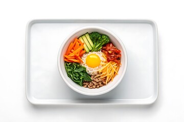 Vibrant korean bibimbap with a perfectly fried egg in the center served on a white tray