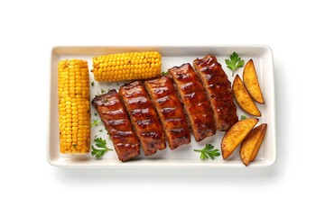Delicious grilled pork ribs served with sweet corn on the cob and golden potato wedges on a white platter