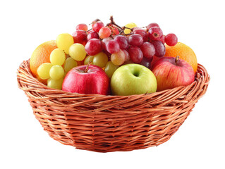 A rustic woven wicker basket brimming with a colorful assortment of fresh apples grapes and oranges.