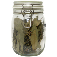 png image of spice jar over transparent background. Bay leaves.