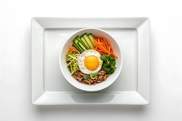 Overhead view of a vibrant and colorful korean bibimbap served in a white bowl on a white square plate
