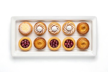 A top down view of a white rectangular tray filled with a variety of delicious pastries and sweet baked goods