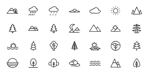 Natural Landscape Line Art Vector Icons &mdash; Mountains, Rivers, Forests, Beaches, Sunsets & Outdoor Scenery Symbols for Travel, Tourism & Nature-Themed Design

