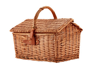 Classic brown wicker picnic basket with a gabled roof lid woven handle and a tan leather strap closure.