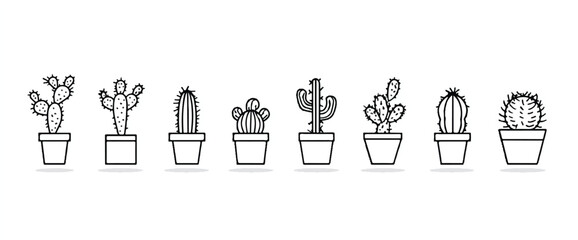 Minimalist Cactus Plants Illustration on White Background Seven Potted Cacti in a Row Simple Line Art Drawing of Desert Plants Home Decor Concept