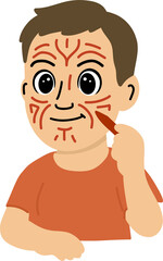  Cartoon man with big funny eyes painting tribal patterns on his face, flat vector design, simple clean lines.