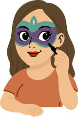  Beautiful cartoon woman with large eyes painting a glittery carnival mask on her face, flat vector style, no gradients.
