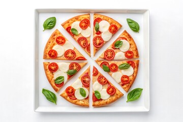 Delicious margherita pizza sliced and arranged on a white square plate with fresh basil leaves