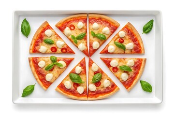 Delicious margherita pizza sliced and arranged on a white platter with fresh basil leaves