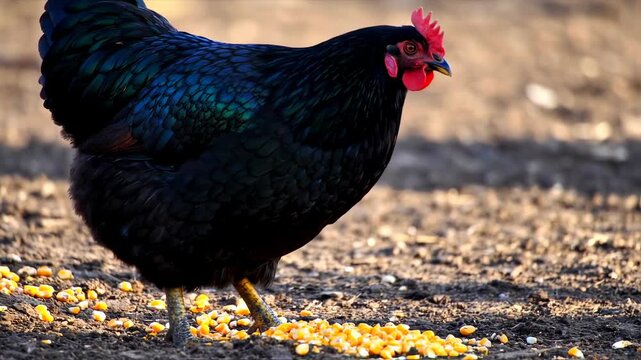 A striking Black Australorp hen pecks at corn on a farm in natural daylight, showcasing livestock
