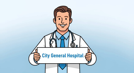 Smiling doctor holding City General Hospital sign.