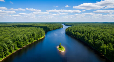 Aerial view of a river meandering through a lush green forest under a blue sky