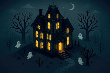 Spooky Haunted House with Ghosts and Bare Trees Under a Crescent Moon halloween