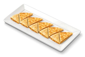 Crispy golden brown quesadilla triangles arranged neatly on a white rectangular serving platter