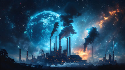 Obraz premium Surreal sci-fi scene of earth overtaken by machines under starry sky