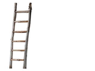 Old rustic wooden ladder made from weathered gray logs and branches with natural texture.