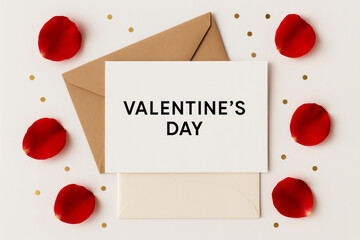 Valentines Day Card with Red Rose Petals and Gold Confetti message love