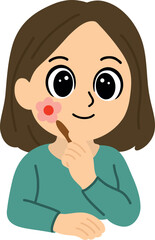 Cartoon woman with big expressive eyes painting a pink flower on her cheek, flat style vector illustration, no gradients.
