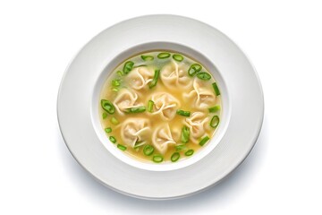 Delicious bowl of wonton soup with green onions and broth served in a white plate from above