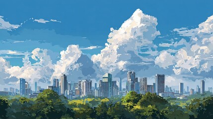 Urban skyline illustration with clouds, sunlight, and trees in the foreground, for travel projects