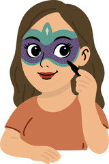  Beautiful cartoon woman with large eyes painting a glittery carnival mask on her face, flat vector style, no gradients.