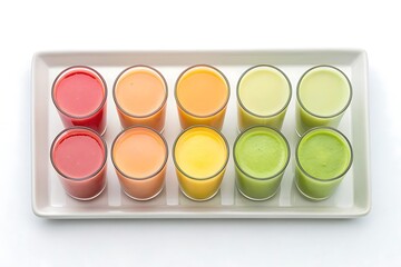Colorful assortment of healthy fruit and vegetable shots served on a white tray from above