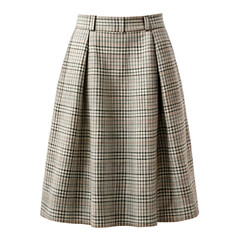 Plaid aline midi skirt with a tailored waistband and belt loops, featuring pleats and a classic checkered pattern, isolated on white background