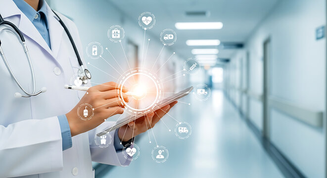 Photo of doctor using tablet with medical technology interface