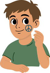 Cartoon teenager with big eyes painting a peace sign on the cheek, flat vector illustration, simple clean lines.