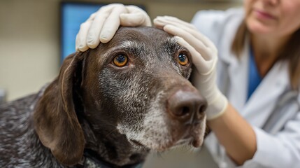 Veterinarian in gloves examining a brown and white dog's head in an office.