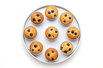 Delicious homemade blueberry muffins arranged in a circle on a white plate top view studio shot