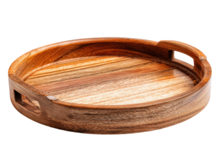 Round wooden serving tray with a rich natural grain and integrated cutout handles.