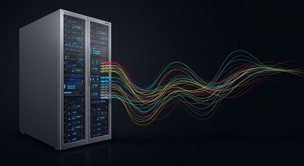 Server racks with colorful, flowing data streams emanating from them against a dark background, representing data transfer and connectivity.