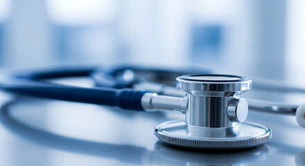 Photo of close up of a stethoscope on a table in a clinic