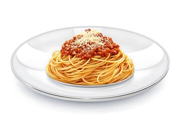 Deliciously prepared spaghetti bolognese topped with grated parmesan cheese served on a white plate