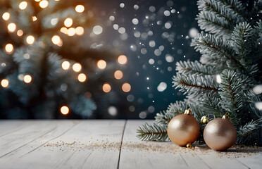 Empty white wooden table, balls, christmas tree, lights on background, blurred bokeh. Christmas mock up banner to display, advertise product, promotion sale, presentation. New year backgrounds. 