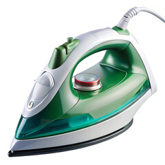 Closeup of a modern steam iron appliance with green and white accents, isolated on white background