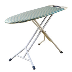A modern striped ironing board with metal legs and fabric surface, isolated on white background for household chores and laundry