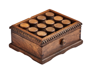 Vintage carved wooden box with a drawer filled with stacked brown checkers pieces.
