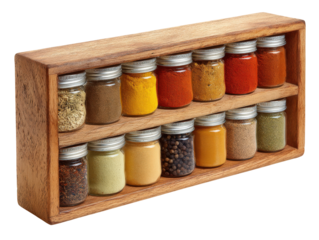 Two-tiered wooden spice rack with twelve glass jars of assorted colorful ground spices and herbs.