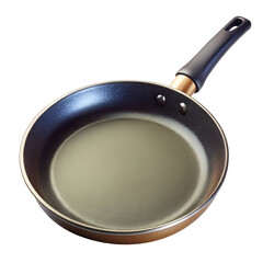 A black nonstick frying pan with a handle and a light sheen inside, isolated on a white background for culinary purposes