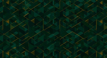 Abstract background featuring a geometric pattern of dark green and teal triangles and rectangles, accented with thin gold lines.