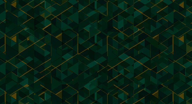 Abstract background featuring a geometric pattern of dark green and teal triangles and rectangles, accented with thin gold lines.