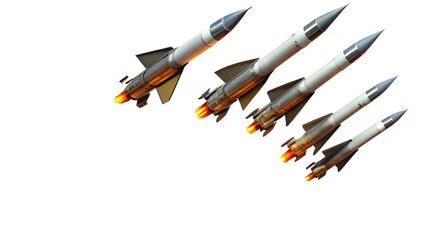 A group of missiles isolated on transparent background, representing military defense, technological warfare, and aerospace power