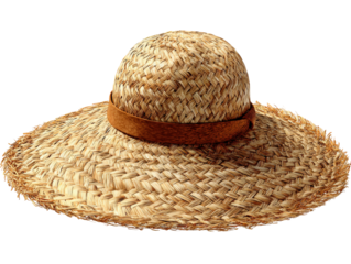 Classic wide-brimmed straw sun hat with a woven texture and a brown band.