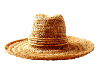Classic woven straw sun hat with a pinched crown twisted band and wide brim.